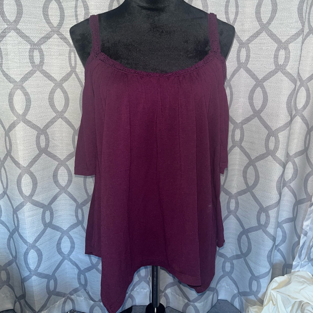 Burgundy cold shoulder top with ruffle detail